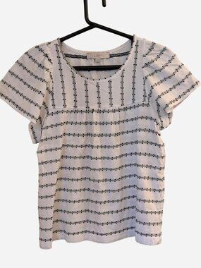 LOFT White Navy Striped Embroidered Cotton Tee Size M